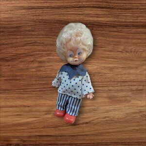 Vintage‎ Blonde Clown Doll With Polka Dot Shirt & Striped Pants 6.5" Plastic
